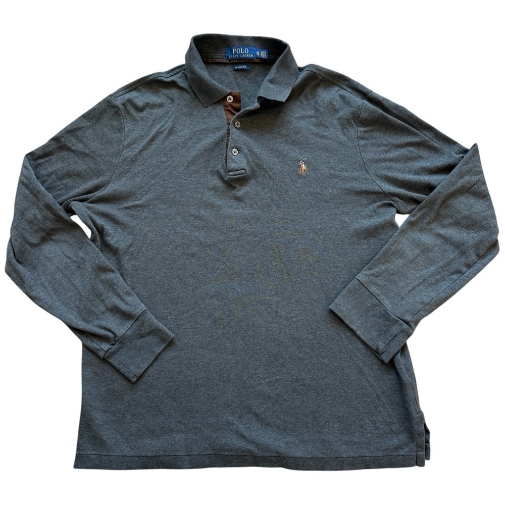 Polo Ralph Lauren Men's XL Gray Long Sleeve Polo Shirt Classic Fit Leather Trim - Picture 2 of 8